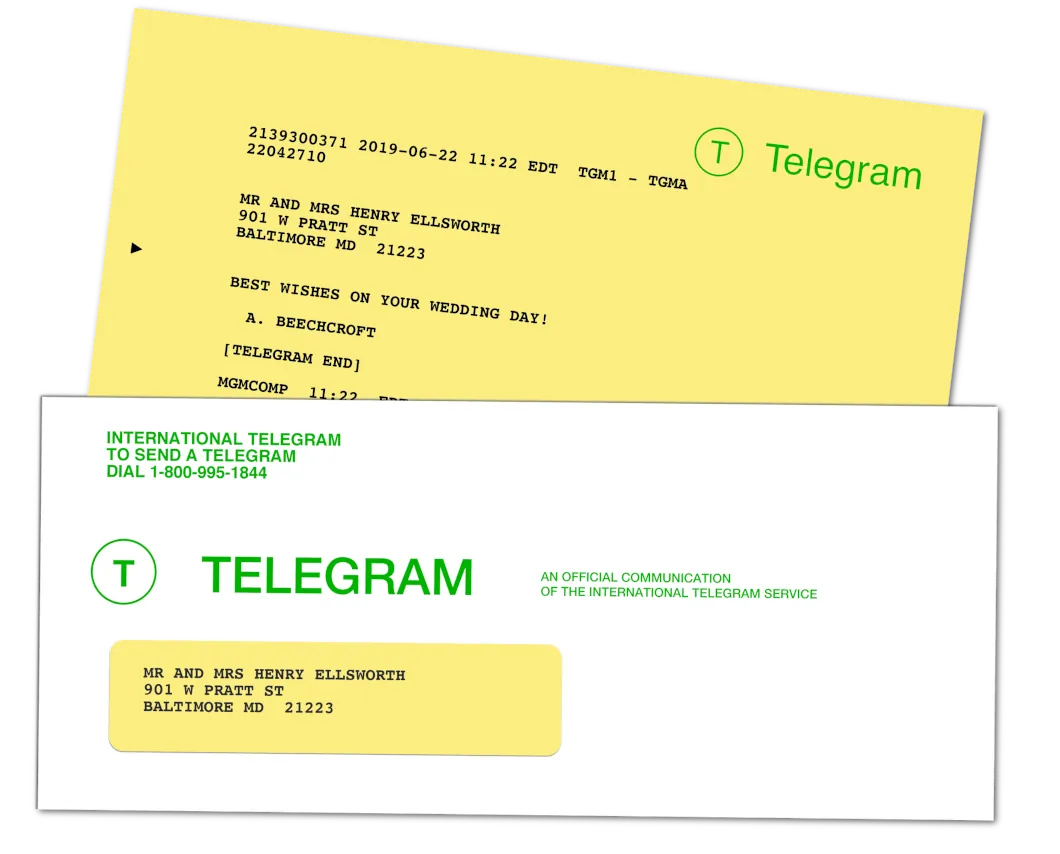 A yellow telegram in an official TELEGRAM envelope